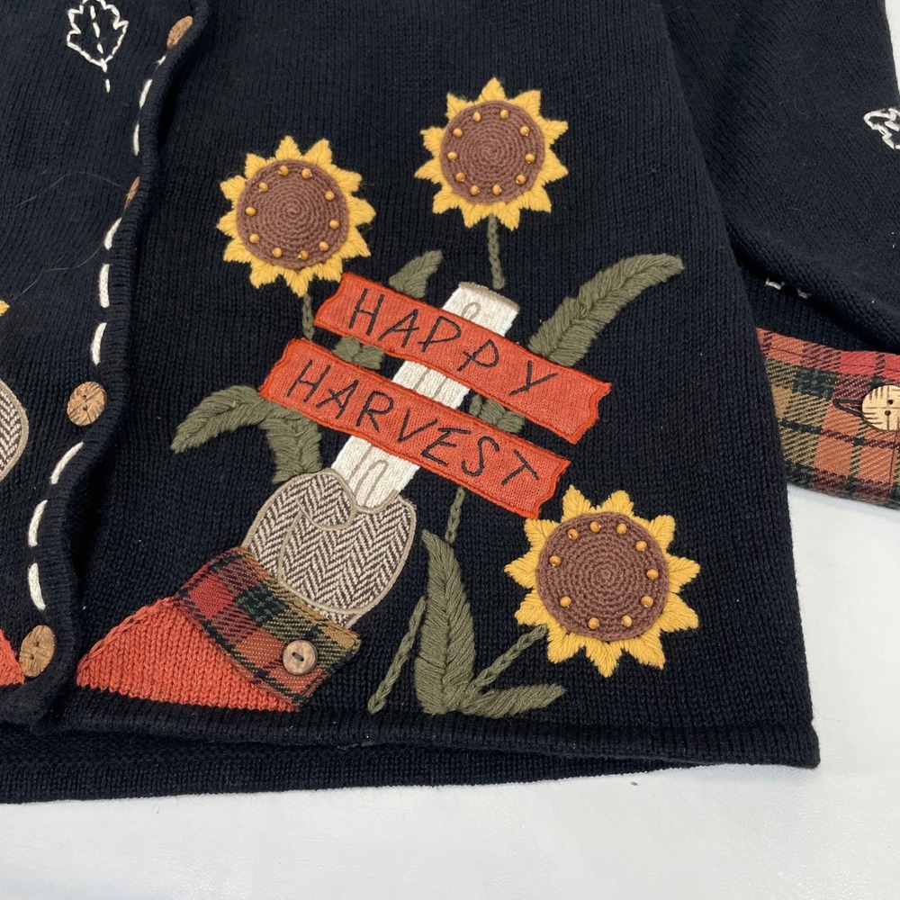 Mandal Bay Women XXL Black Happy Harvest Scarecrow Sunflower Plaid Cardigan Fall - Picture 6 of 8
